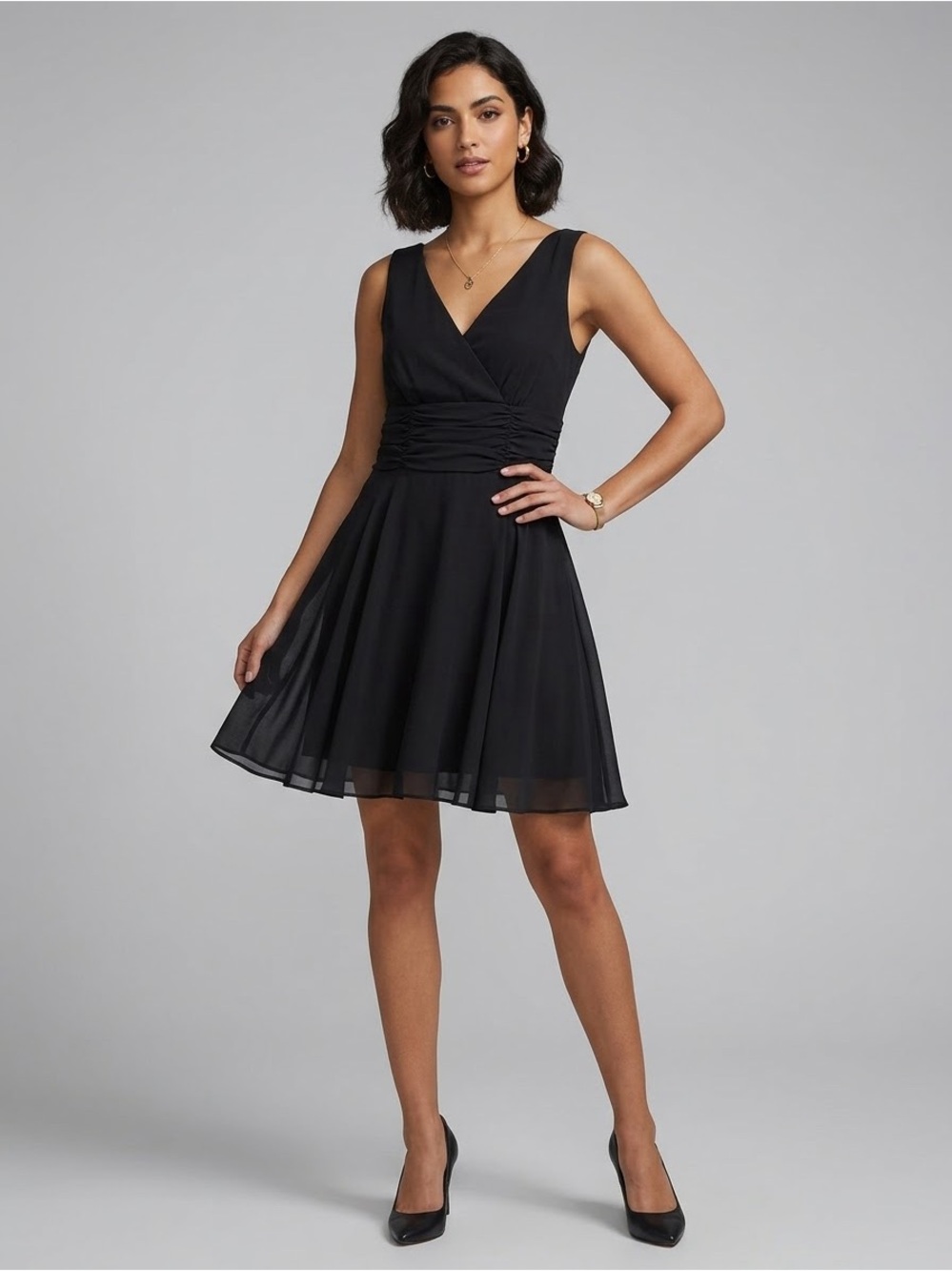 Black Sleeveless V-Neck Ruched Waist Little Black Cocktail Dress